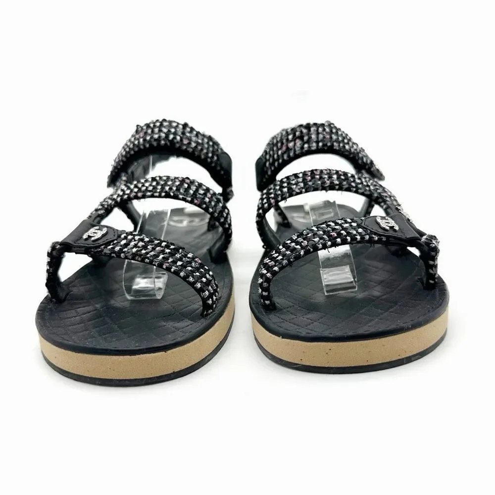 CHANEL Black Tweed Sequin Crystal Interlocking CC Dad Sandal Size 39.5 Slingback